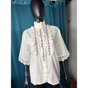 Seidensticker vtg Women White Lace Trim Embroidered Ruffle Blouse Shirt Size 38